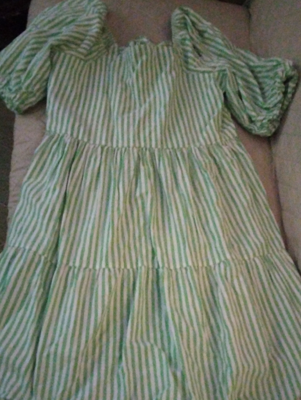 beachlunchlounge Green and White Striped Puff Sleeve Tiered Dress